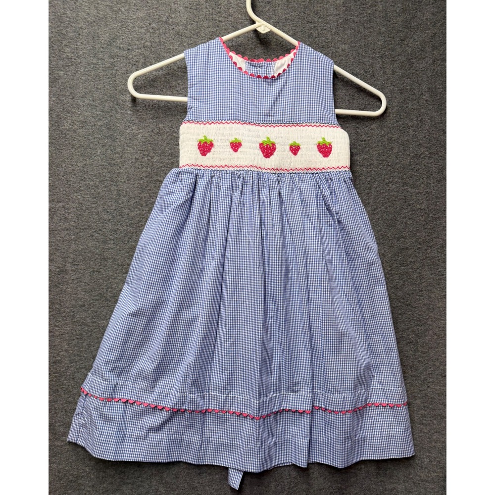 Rare Editions Girls Blue Gingham Smocked Strawberry Dress Size 5 Ric Rac Trim